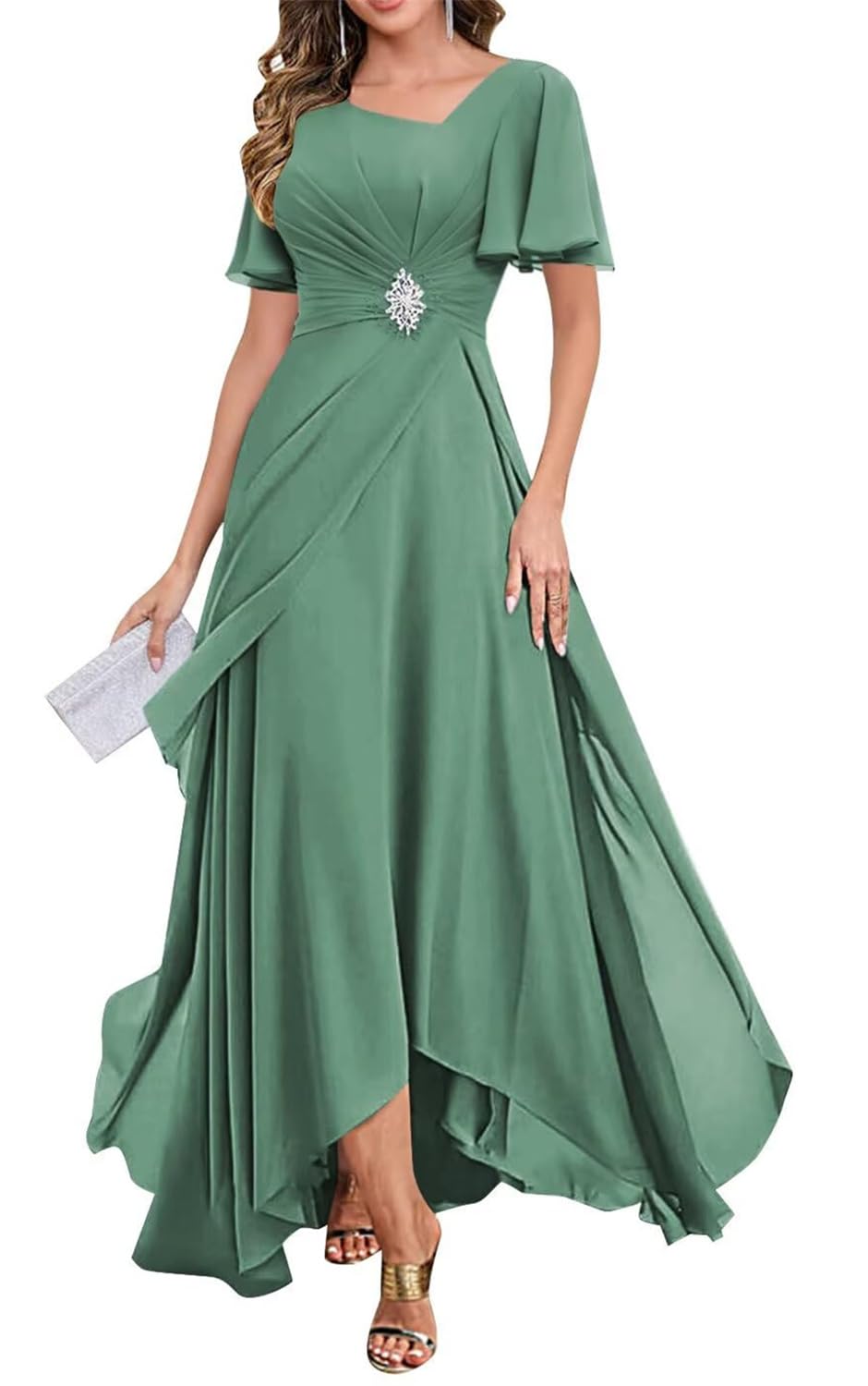 Yiann Women's Eucalyptus Mother Of The Bride Dresses With Sleeves Ruched Pleated Chiffon Long Mother Of Groom Dress Uk14