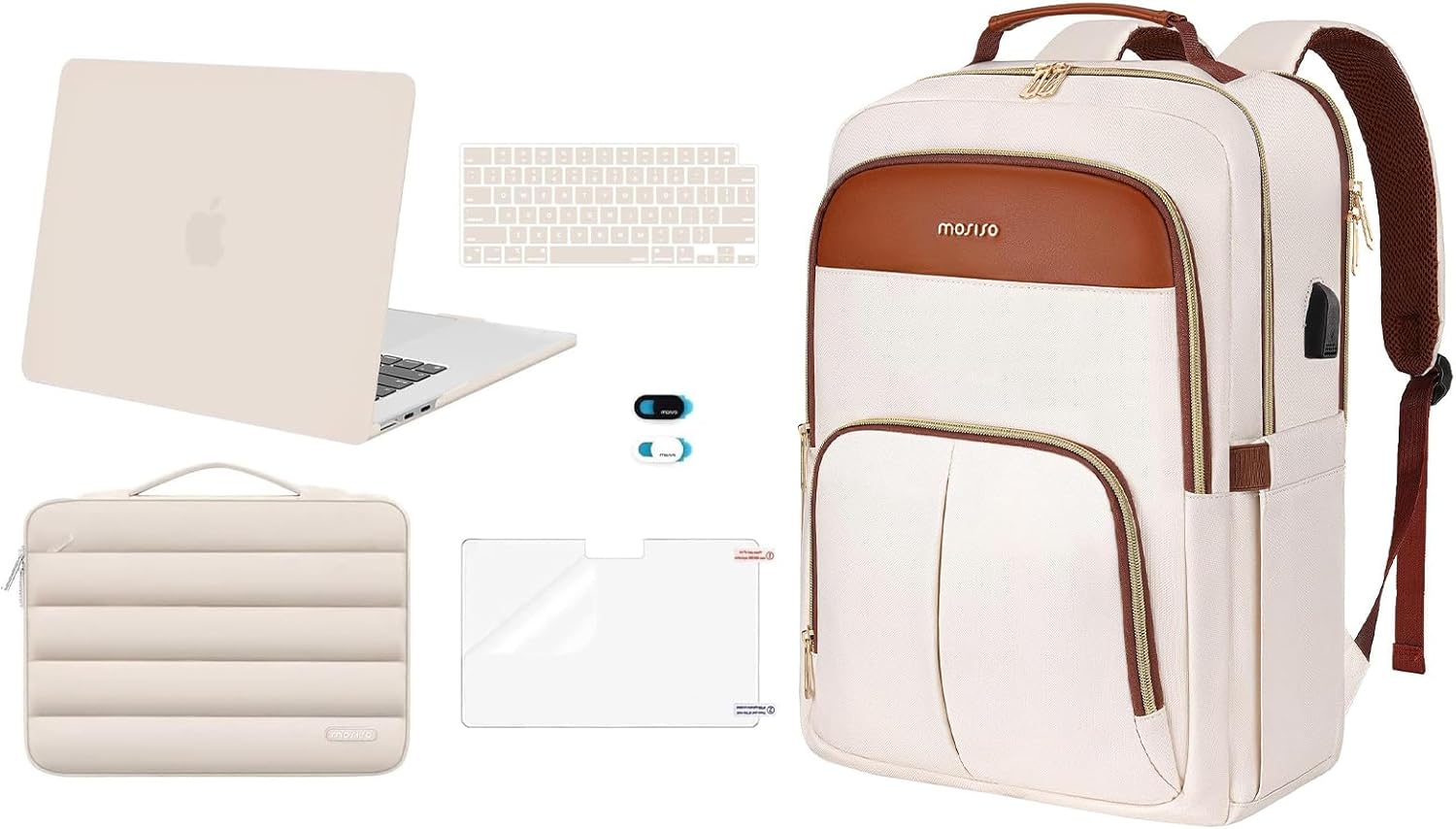 MOSISO 15.6 inch Laptop Backpack with USB Charging Port&Front Pocket&Compatible with MacBook Air 15 inch Case 2025-2023,Hard Shell&Puffy Sleeve Bag&Keyboard Cover&Webcam Cover&Screen Film, Sand&Beige