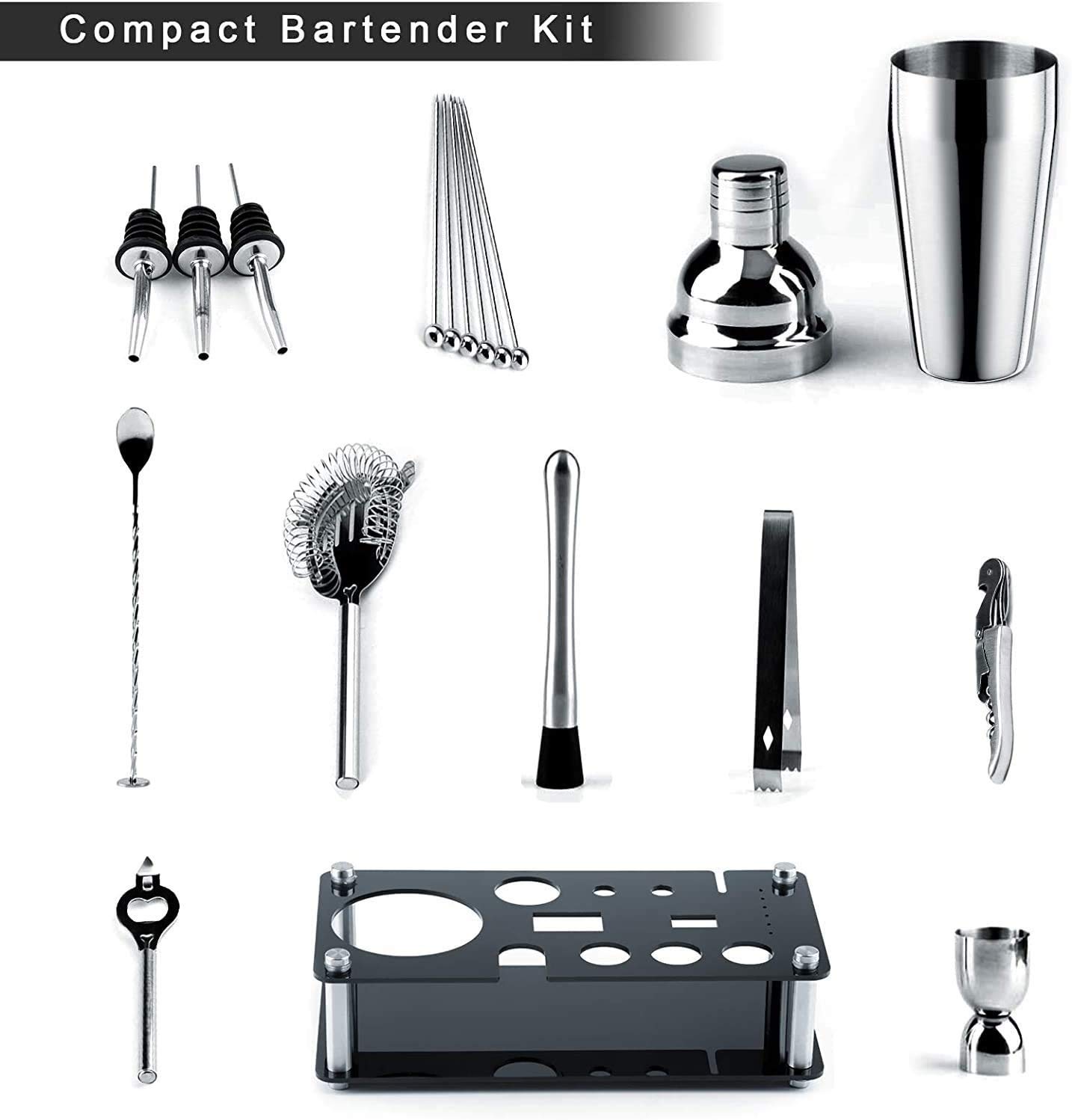 Bartender Kit, Coctelero de 18 piezas Coctelera de cóctel Herramientas de barra de acero inoxidable con soporte, jigger, cuchara, colleros, muddler, colador, pinzas, tapones de la botella, abrel