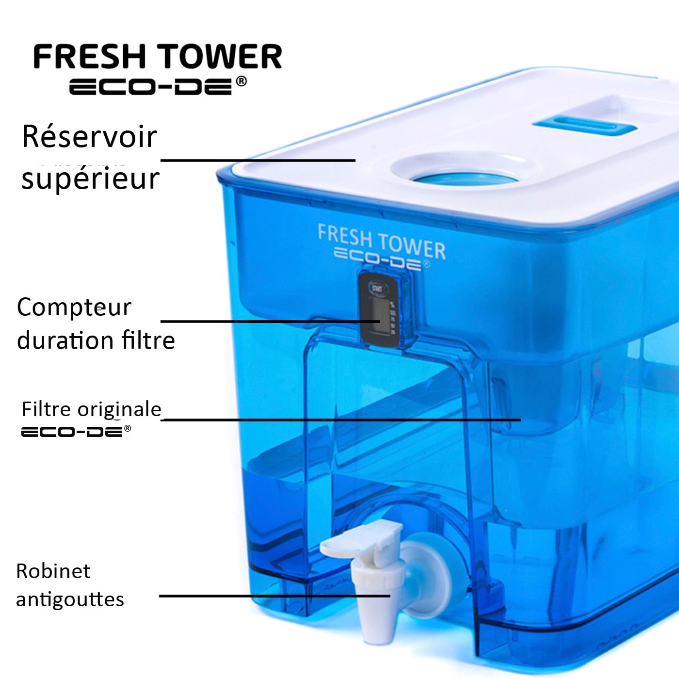 ECO-DE Distributeur d'eau filtrée Fresh Tower. Sans BPA, indicateur numérique, pour réfrigérateur, avec filtre compatible