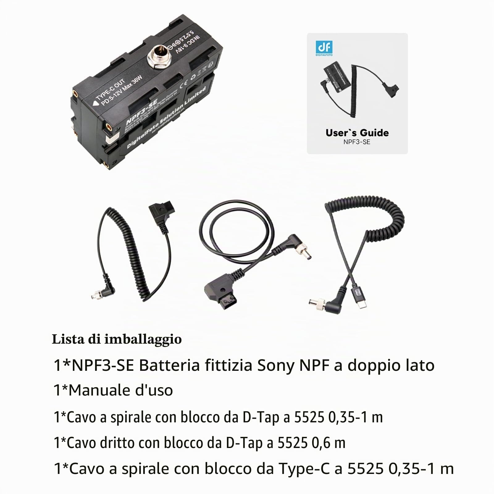 NPF3-SE NP-F Batteria Fittizia con USB-C e D-Tap Input | 5525 Locking Cable Compatibile con NP-F550/570/750/770/970 per LED Lights, Monitors e V-Mount Power