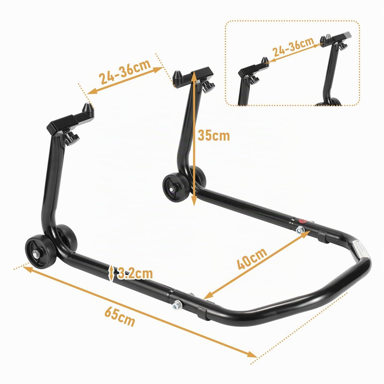 Eulenke Béquille de réparation moto, cric moto jusqu'à 300 kg, levier de montage haute stabilité avec adaptateur, support de transport pratique avec largeur réglable, support de roue avant, noir