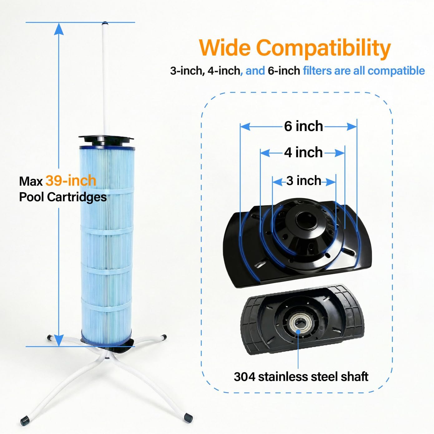Pool Filter Cleaner Stand Kit with Smooth Bearing, 360° Rotatable Washing Tool for 3", 4", 6" Filter Cartridges