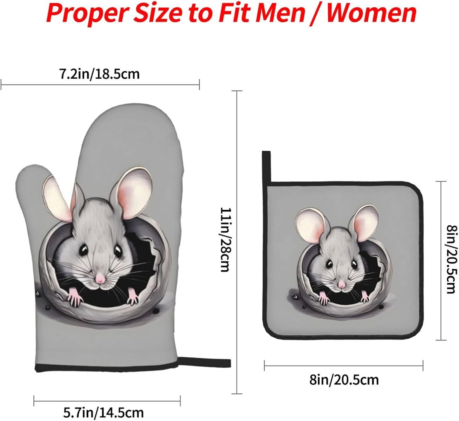 Grey rat Oven gloves and heat-resistant mat 4-piece set. Suitable for grilling, microwave oven frying, and baking