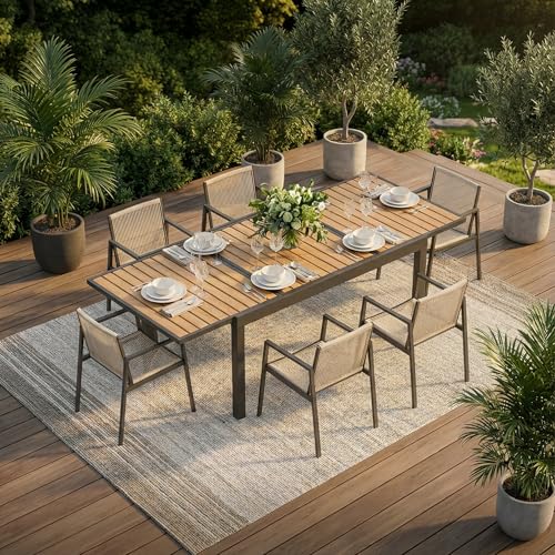 ZANDOR Expandable Outdoor Dining Set for 4-6-8,Patio Table and Chairs Set with Wood Top for Garden,Backyard,Porch,55"-82.7" Extendable Aluminum Outdoor Table Set with 6 Chairs,Grey 7 Piece G