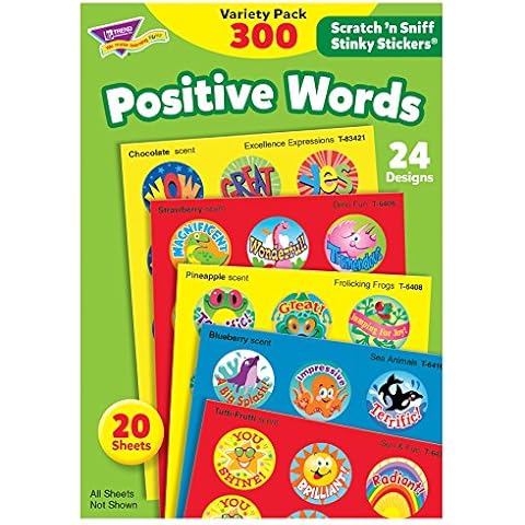 Trend Enterprises: Positive Words, Scented Scratch 'N Sniff Stinky Stickers, Fun for Rewards, Incentives, Crafts and as Collectibles, 24 Designs, 20 Sheets Included, for Ages 3 and Up Cover