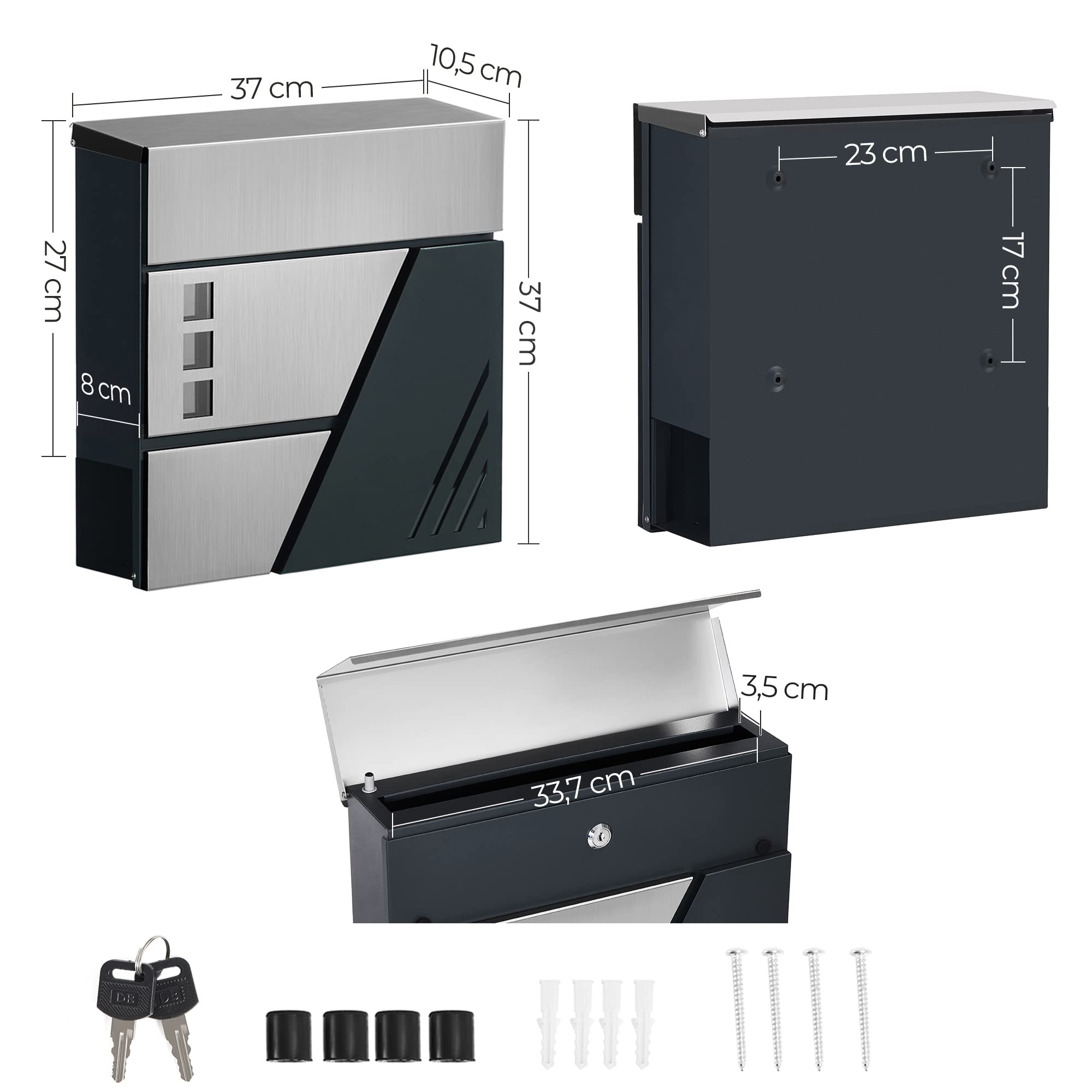 SONGMICS Cassetta delle lettere da parete, con finestre di visualizzazione, in acciaio inox, per cancello, porta d'ingresso, con serratura e chiavi, argento e grigio antracite GMB053G01