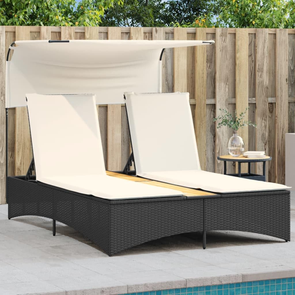 Tumbona Doble de Ratán para Jardín con Techo Solar, Cama Exterior Jardin, Tumbonas Piscina 2 Plazas, Cama Balinesa, Tumbonas Jardin Exterior, con Mesa de Centro y Almohadón Negro