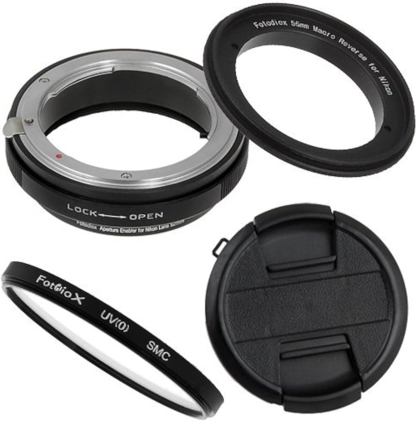 Fotodiox 55mm Macro Reverse Ring Filter Kit Compatible with 55mm Filter Thread Lenses to Nikon F-Mount Cameras - with UV Filter, Mechanical Aperture Control Adapter, and Cap