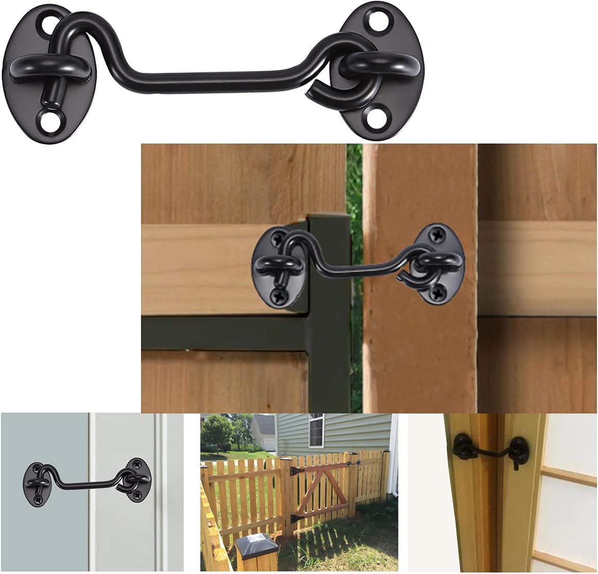 4 Inch Hook and Eye Latch,Black Cabin Hook,Stainless Steel Gate Hook Lock,Barn Door Swivel Window Hook Lock with Mounting Screws for Shed Gate or Garage Door(2pcs)
