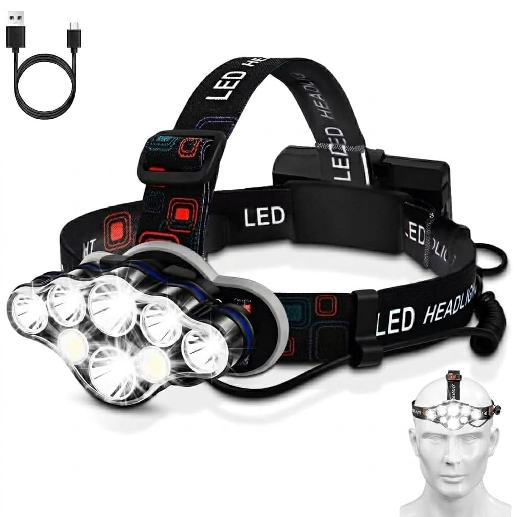 Elmchee Linterna frontal recargable, 8 LED 18000 de alto lúmenes brillante con luz roja para adultos, 18650 USB sensor de movimiento, linterna impermeable para senderismo, camping, correr, pesca