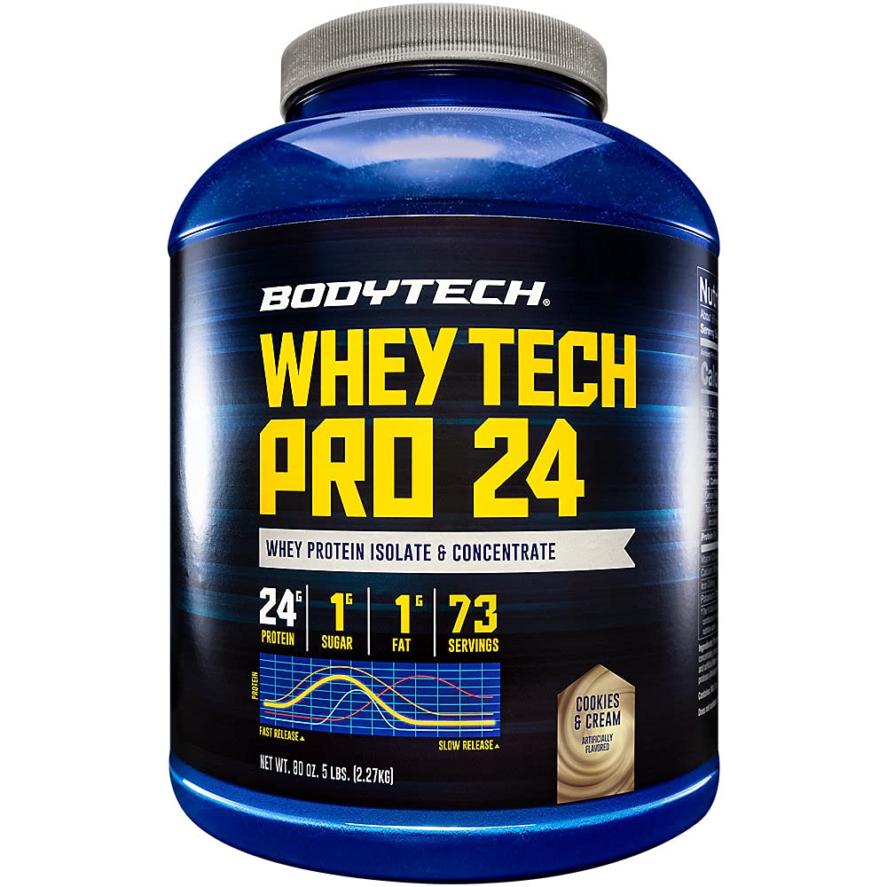 BODYTECH Whey Tech Pro 24 Protein Powder - Protein Enzyme Blend with BCAA's to Fuel Muscle Growth & Recovery, Ideal for Post-Workout Muscle Building - Cookies & Cream (5 Pound)