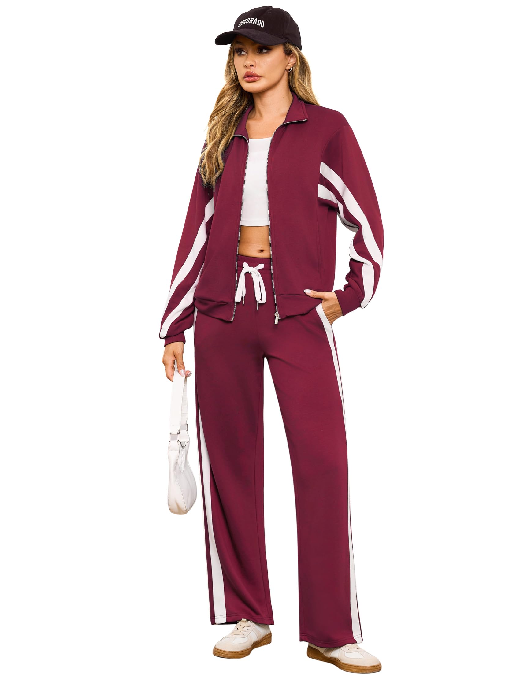 Terecey Tuta Donna Sportiva Elegante Completa Tute Maniche Lunghe Colore Contrasto Linea Autunno Invernale Sportivi Abbigliamento Jogging Yoga Training Fitness Casa Set S-XXL