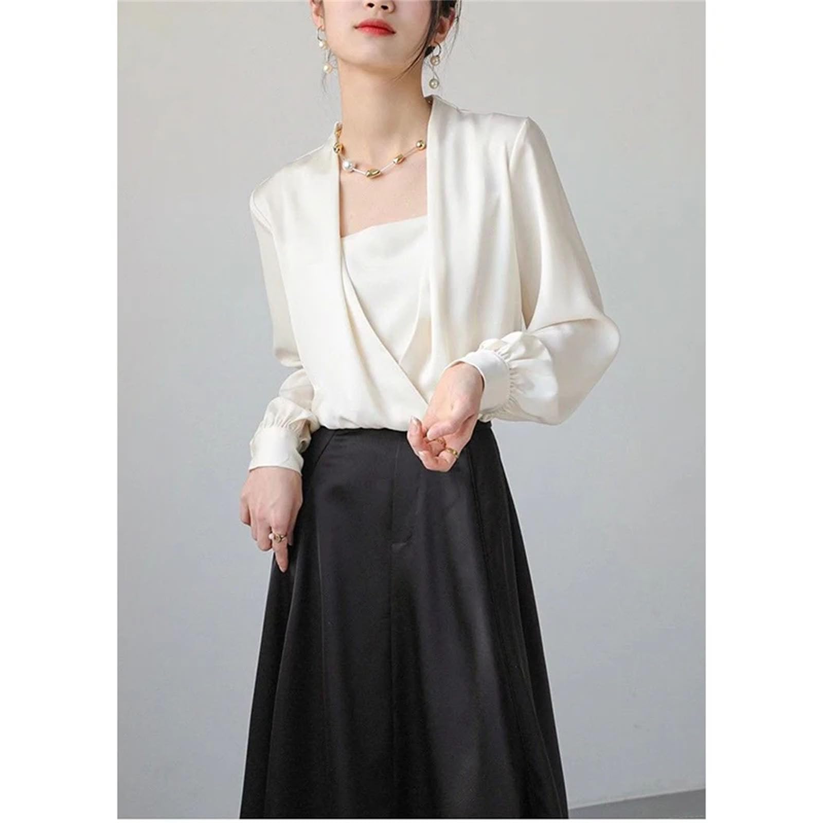 Blusas de satén de manga larga para mujer, para primavera, oficina, trabajo, elegante, casual, holgada