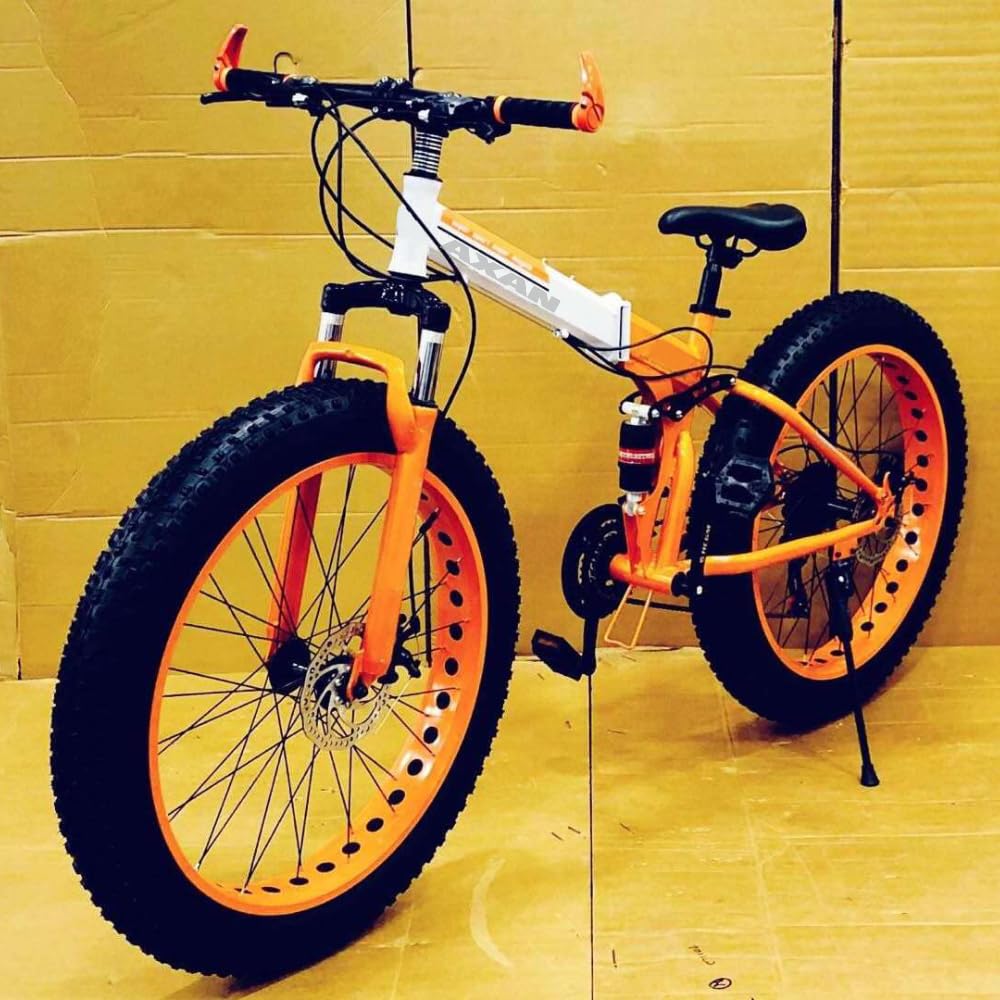 axan foldable fat tire mountain bike - 26x4 inch all-terrain tires, dual suspension, 21-speed, foldable frame, for adults (orange)