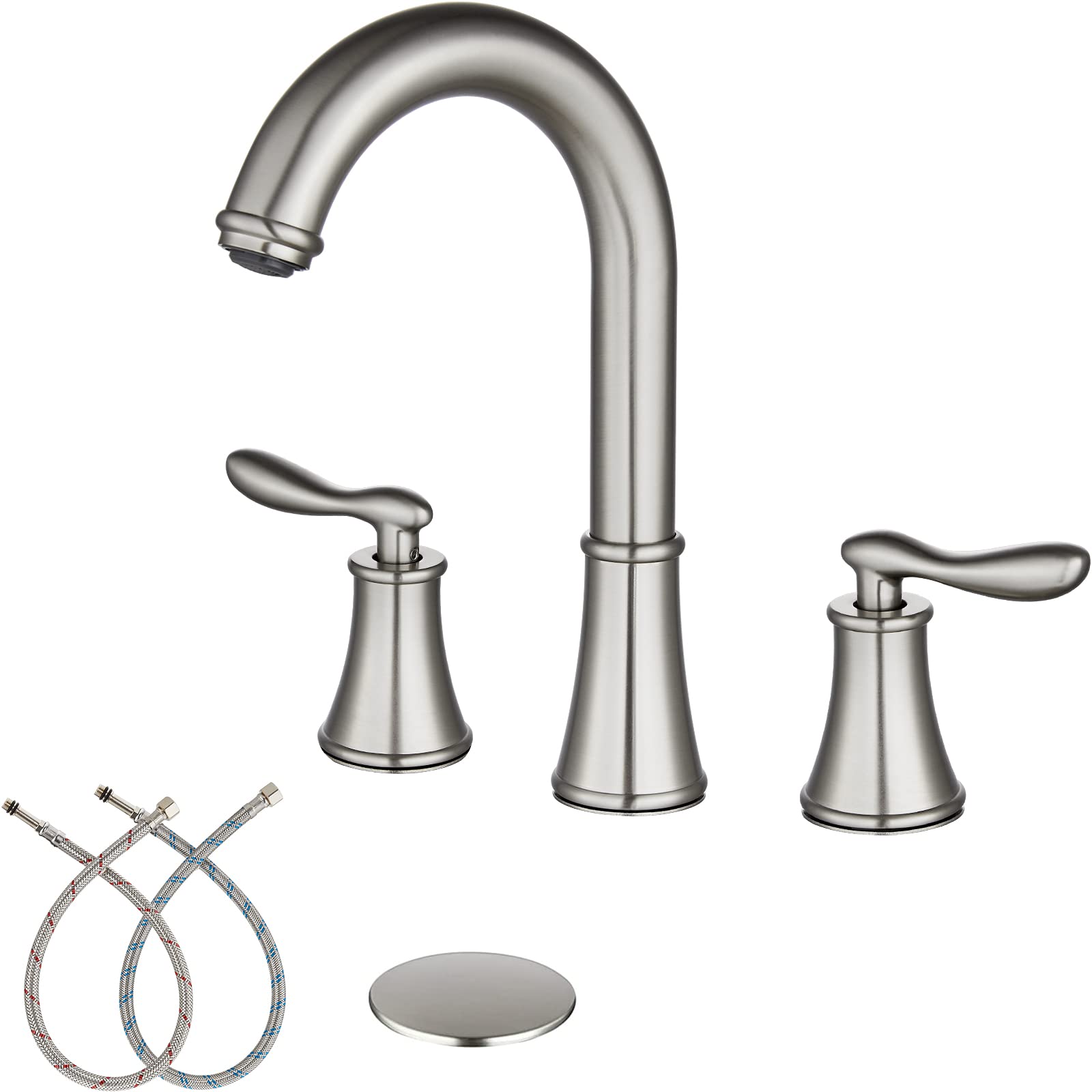 Midanya Widespread Double Handle Bathroom Faucet Brushed Nickel 3 Hole Bathroom Sink Faucet Deck Mount with Drain and Water Supply Lines 2 Handle Lavatory Faucet for Vanity Lavatory Basin Restroom