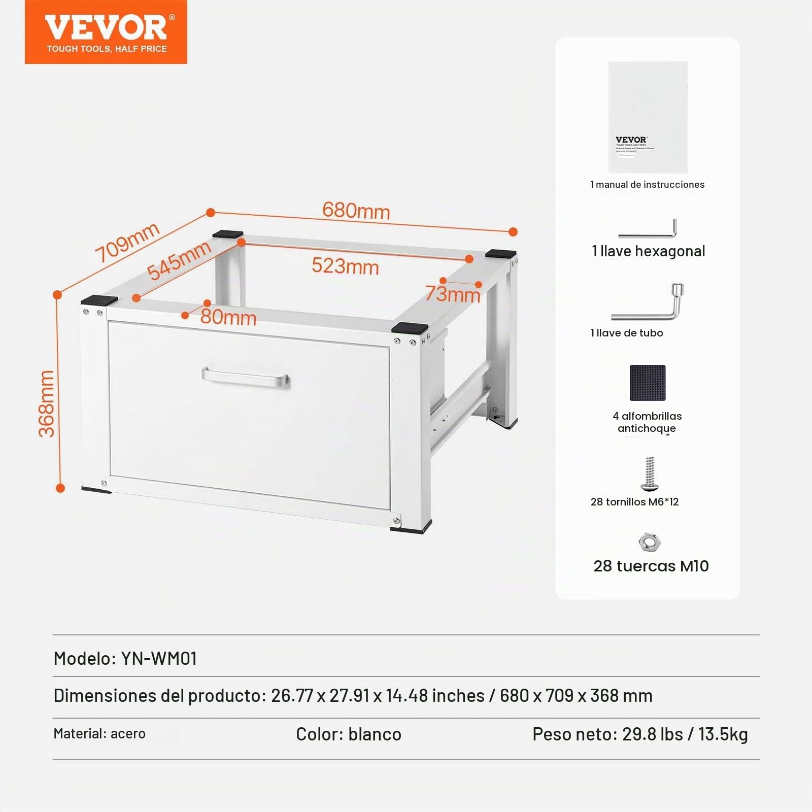 VEVOR Base Universal para Lavadora 685,8 x 363,22 mm Soporte para Lavadora y Secadora, Base para Lavadora Multifuncional de Alta Resistencia con cajón y Muchos Accesorios para Lavadero