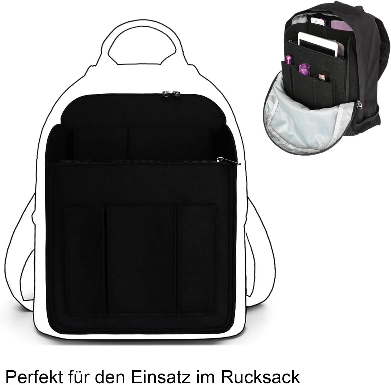 Organizer Interno Per Zaino In Feltro - Grande Per A4, Tante Tasche, Nero