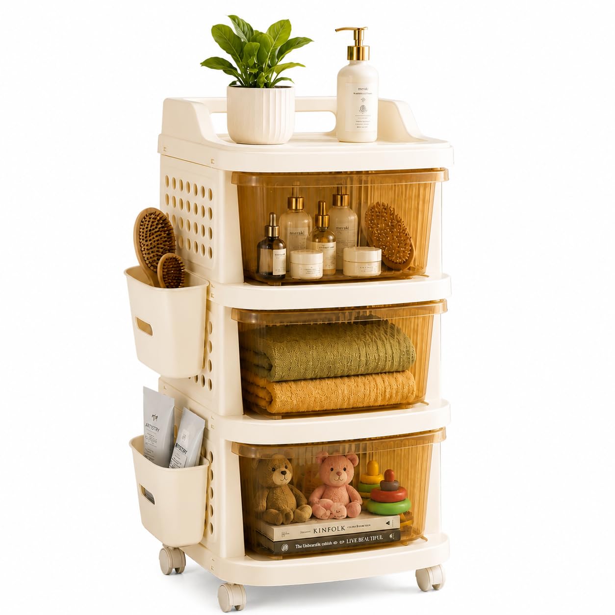 3 tier plastic storage drawer cabinet with wheels, modular chest of drawers organizer with side basket & handle, storage trolley rack for home, kitchen, bedroom, kids room (transparent ivory)