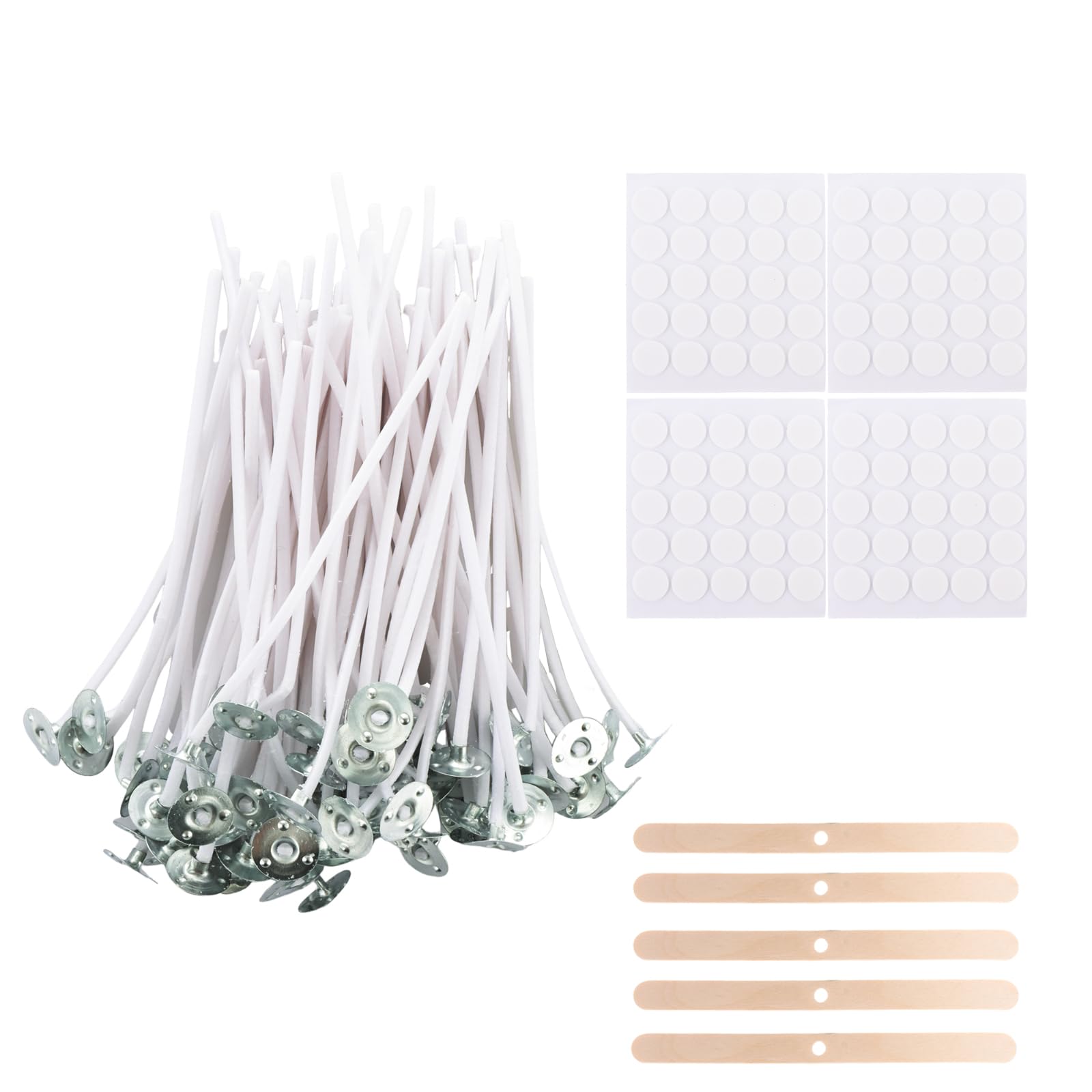ASelected 200Pcs Candle Wicks for Making Candles, 10cm Candle Wick Set, 5pcs Wick Holders & 200pcs Glue Dots for Candle Making, DIY Candle Crafts