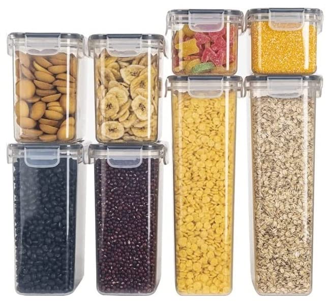 ENTITY Airtight Food Storage Container Set – 8 pieces Plastic Kitchen Organiser - Cereal Storage Containers with Lids – Kitchen Organisation Jars for Pasta, Flour, Rice (Transparent) (Set of 8)