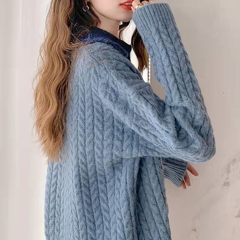 Pulls Tricot Femme,Pull Femme Laine Sentiment Pull Tricoté Bleu Chunky Diamant Câble Pull Détendu Tout Match Pull Pull Mode Cadeau pour Petite Amie Fête des Mères