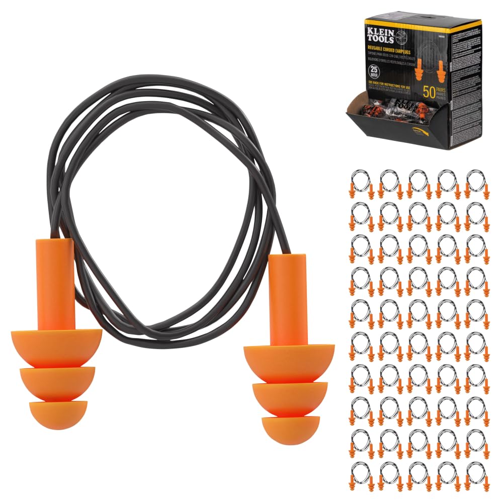 Klein Tools 6050350 Corded Earplugs, 25dB NRR, Reusable Orange Ear Protection in Dispenser for Construction, Loud Noise Reduction, 50-Pack