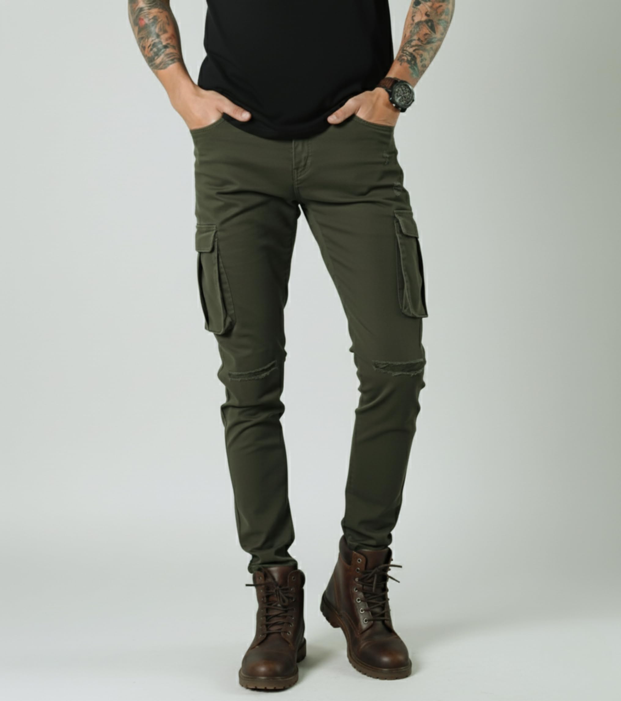 L'MONTE Imported Multi Pockets Cotton Cargo Skinny Fit Stretchable Army Green Joggers Pant for Men (32, Army Green)