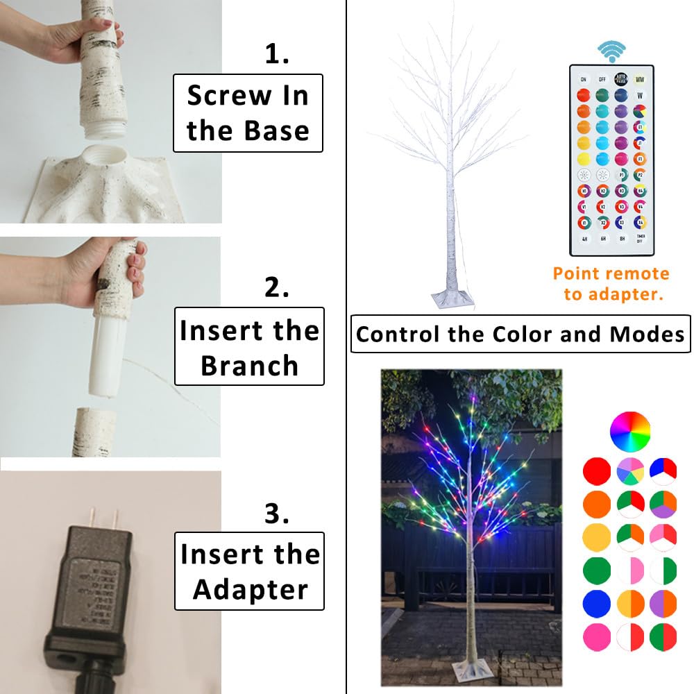 Pooqla 6 ft 120 LED Christmas Lighted Birch Tree, Color Changing Light Up Tree with Remote, White Lighted Birch Trees for Indoor Outdoor Christmas Party Home Yard Decoration RGB