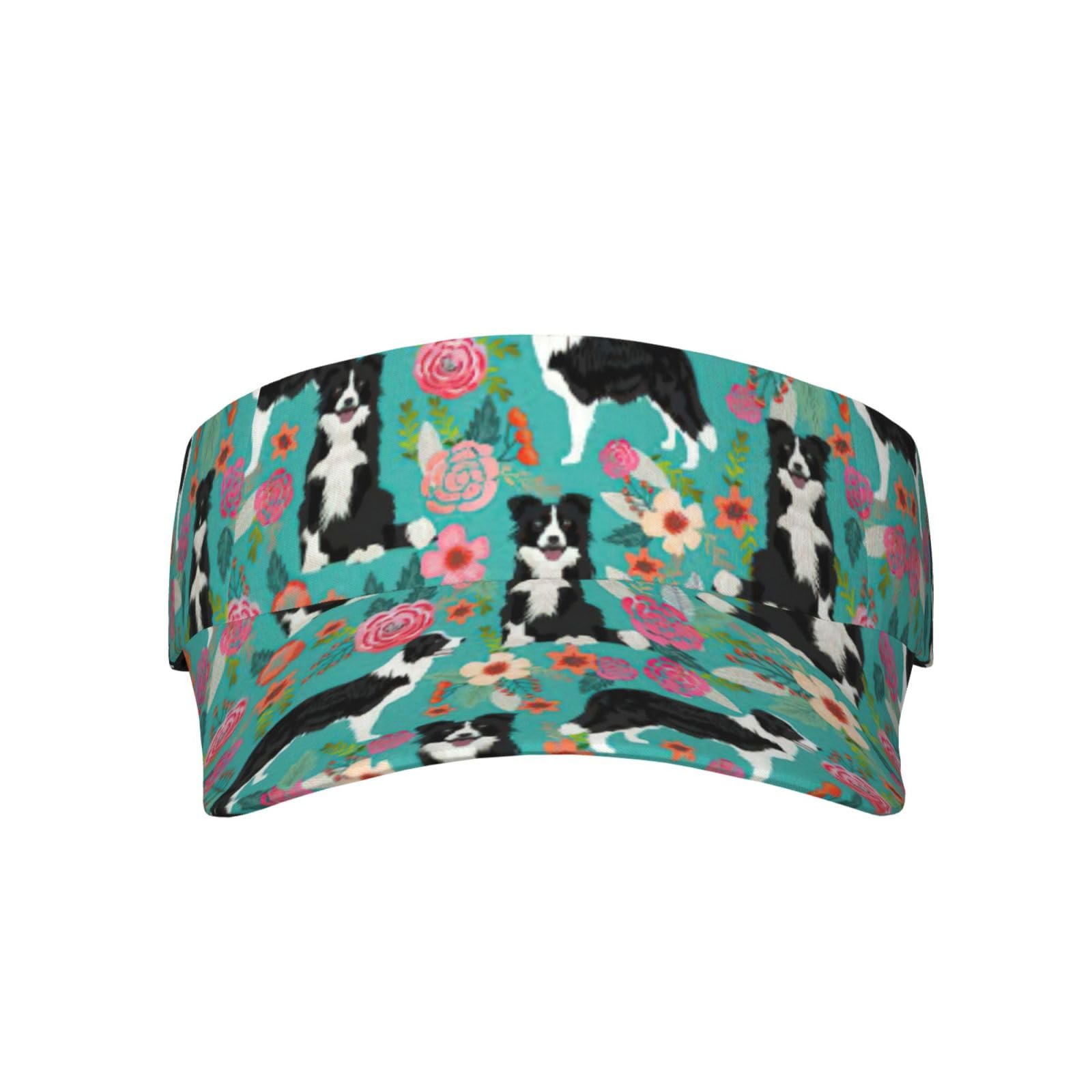 Ottkgga Unisex Black Border Collie Florals Sunscreen Visor Cap Empty Top Outdoor Hat One Size Wide Brim Adjustable Baseball Golf Fishing