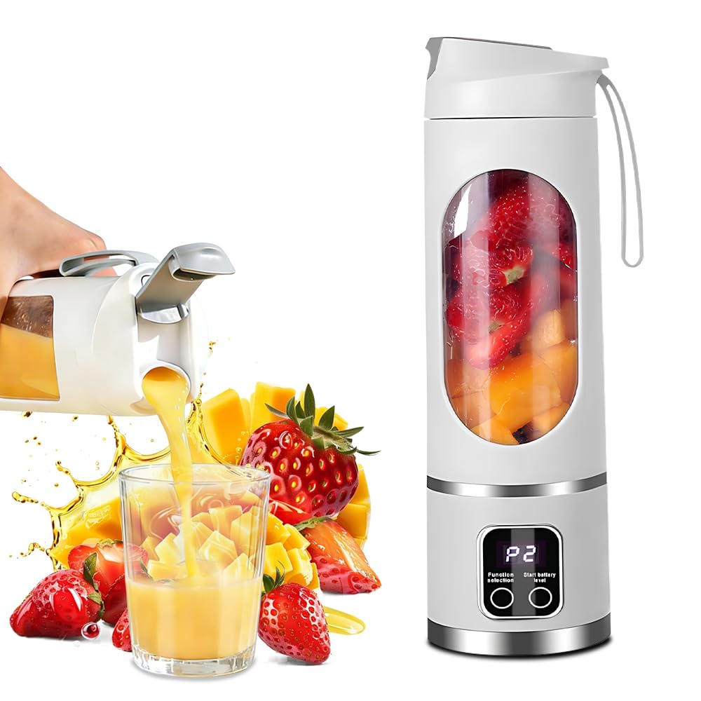 Tragbarer Mixer Smoothie Maker To Go, Pengrity 450 ML Portable Blender, mit LED Display, 12 Klingen, Kleiner Mixer für Shakes und Smoothie, Wiederaufladbar Mini Standmixer für Sport, Reisen, Outdoor
