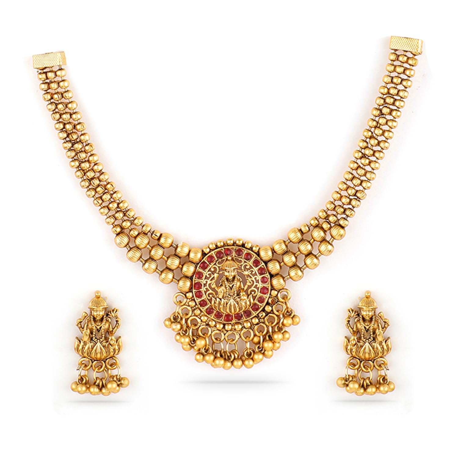 Rubans 22K Gold-Plated Green/Red Stone & Gold Beaded Peacock/Lakshmi Design Traditional Necklace Set