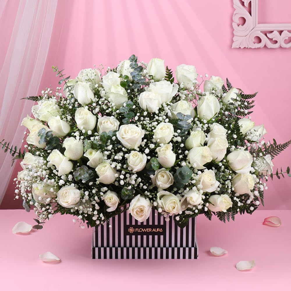 FlowerAura Romantic Fresh Live Flower Bouquet of 50 White Roses In Luxury FA Box Gift For Birthday | Anniversary | Romantic Surprise | Women's Day | Mother's Day (Same Day Delivery)-image-37