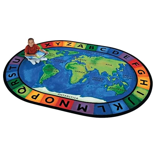 Carpets for Kids 4108 Circletime Around the World - Alfombra ovalada para aula, 8 pies, 3 pulgadas x 11 pies, 8 pulgadas, color azul