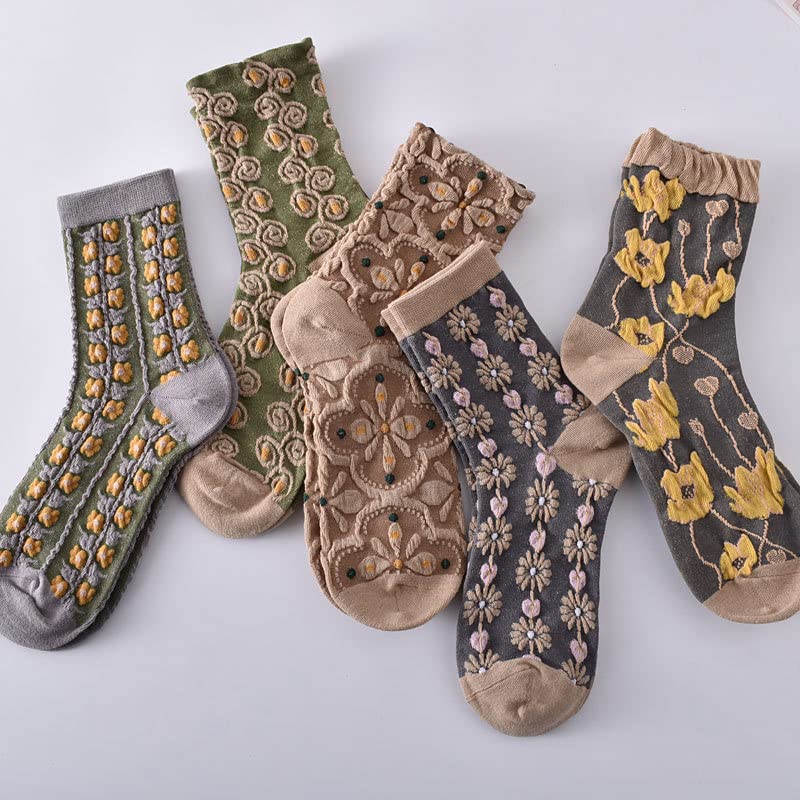 5 Pairs Women's Floral Nordic Stripe Textured Cotton Socks, Girls Vintage Cute Flower Sweet (5-B)2