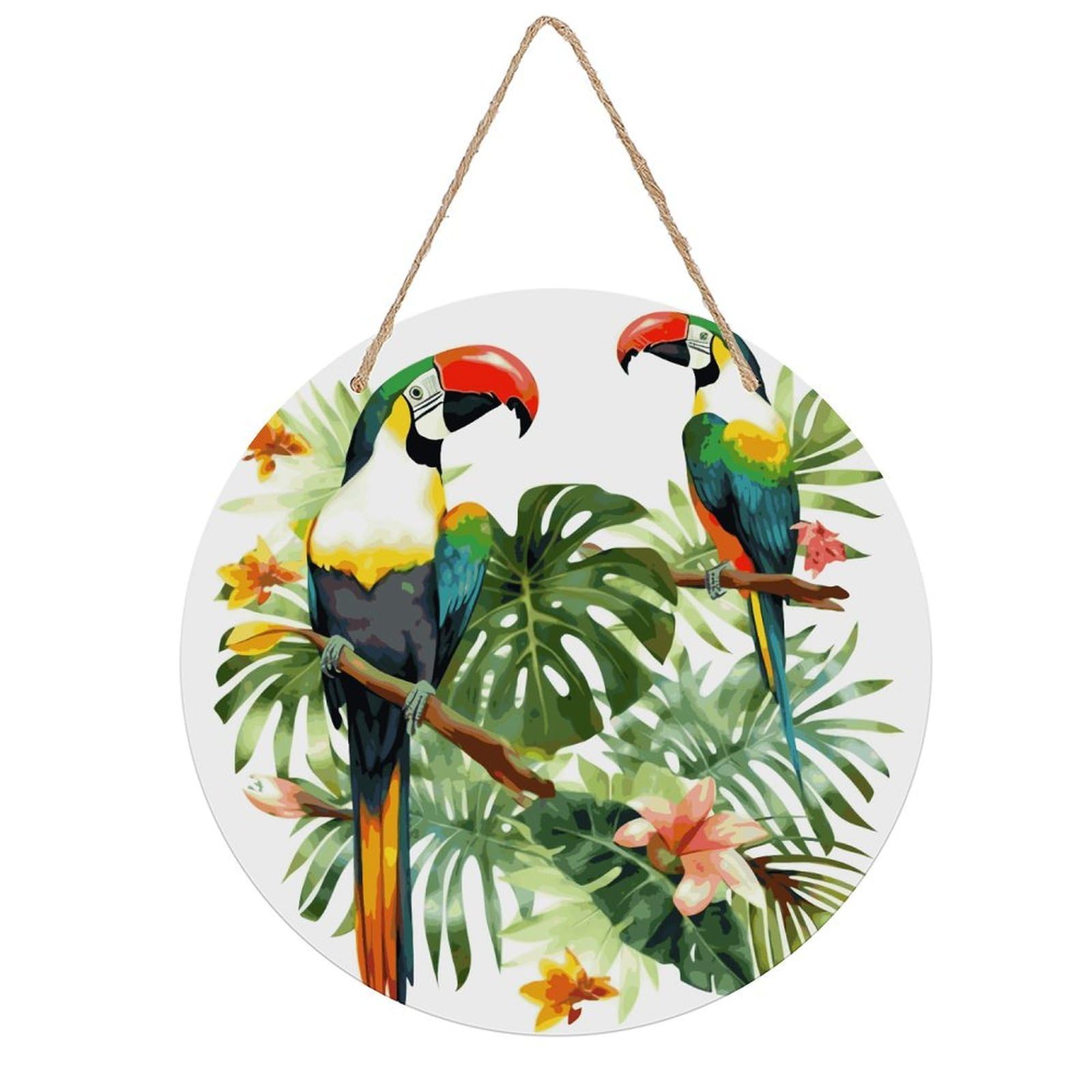 Toucans Parrot Palm Tree Leaves Wall Art Neutral Abstract Wooden Walls Hanging Picture Sturdy Farmhouse Round Walls Hanging Vintage Framed Wall Prints for Living Room