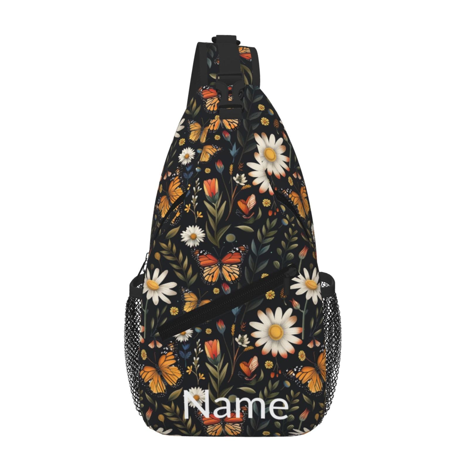 SUPLUCHOM Custom Sling Bag With Name Vintage Butterfly Daisy Leaf Personalized Hiking Daypack Customized Crossbody Shoulder Backpack Travel Chest Pack