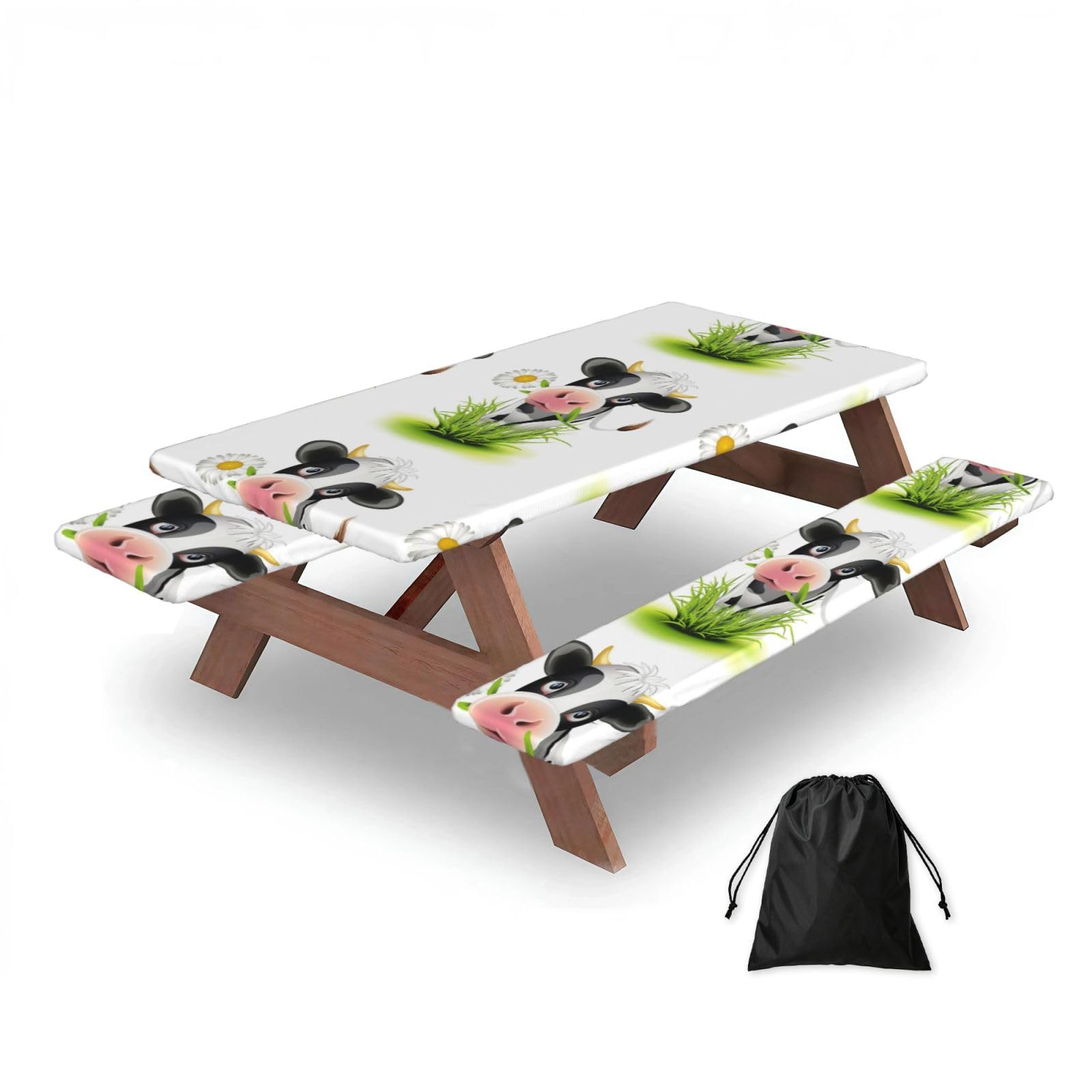 Dopklna As Picture Cute Cow, Picnic Table Cover With Bench Covers -Waterproof Elastic Fitted Tablecloth For Garden Camping Patio 76X152cm