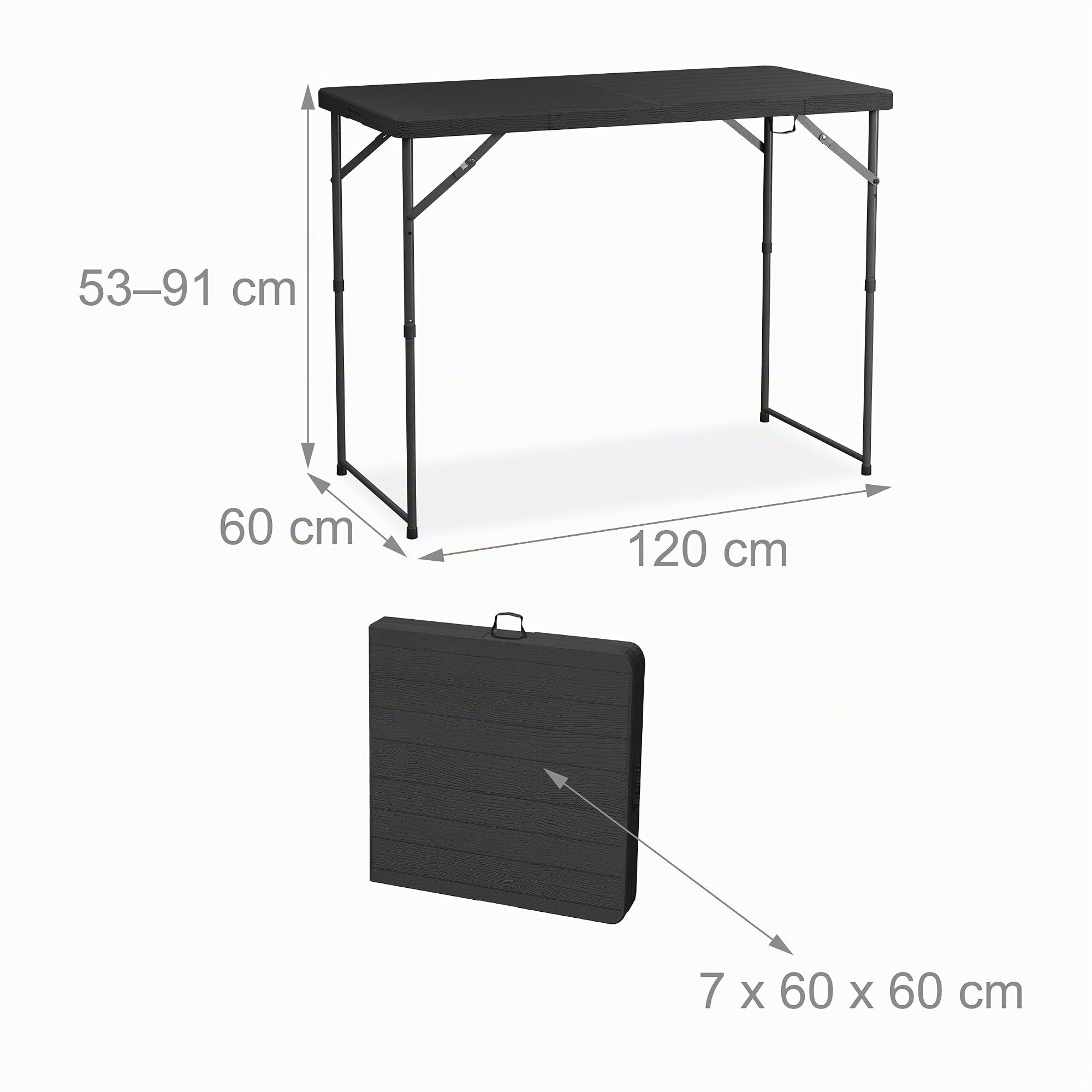Relaxdays Mesa de Jardín Plegable, 74x120x60 cm, Plástico, Acero, Altura Ajustable, 6 Personas, Camping, Exterior, Negro | Mesa de camping, altura regulable, altura: 74 x 120 x 60 cm