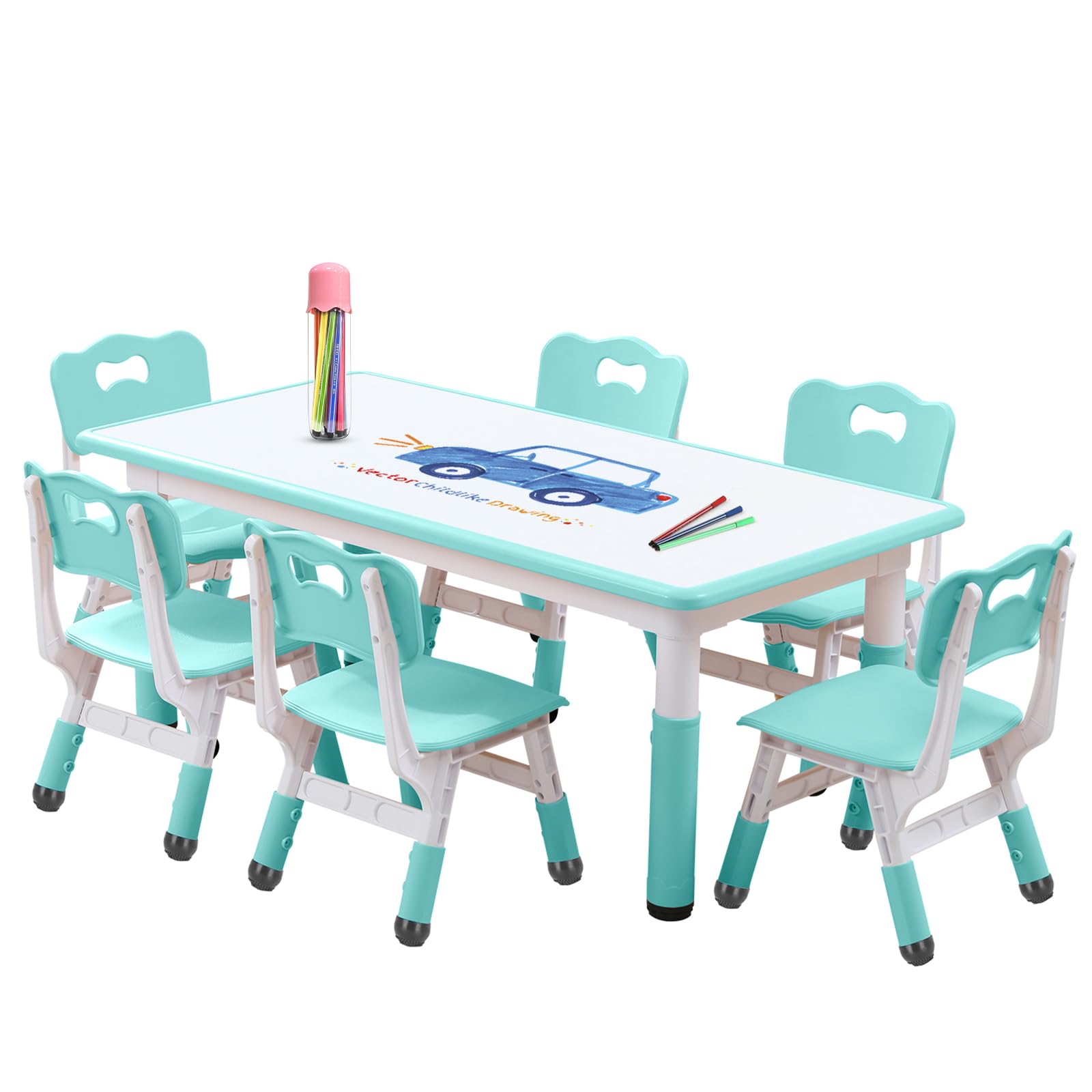 Kids Table and Chairs Set, Height Adjustable Desk With 6 Seats for Ages 2-12,Arts & Crafts Table,Graffiti Desktop, Non-Slip Legs, Max 300lbs, Children Multi-Activity Table for Classrooms,Daycares,Home