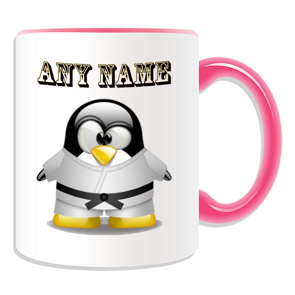 Personalised Gift - Karate Black Belt Mug (Penguin in Costume Design Theme, Colour Options) - Any Name/Message on Your Unique - Judo in White