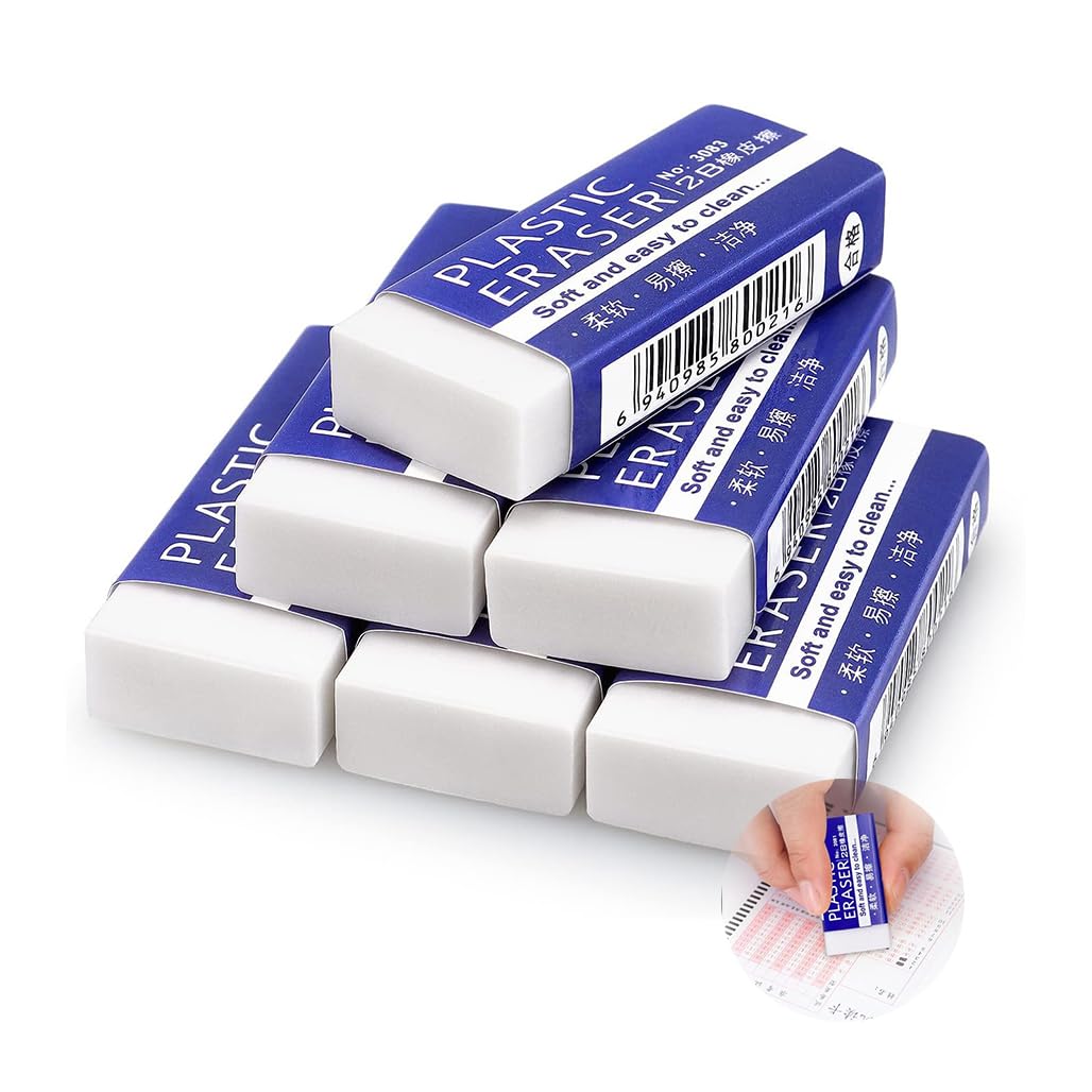 Goodern Rubber Erasers,6 Pcs Pencil Erasers,Large White Erasers,Erasers for Kids,Latex Free Plastic Rubber Classic Eraser Erasers,Durable Eraser for School Home Office Sketches Paintings Fine Arts