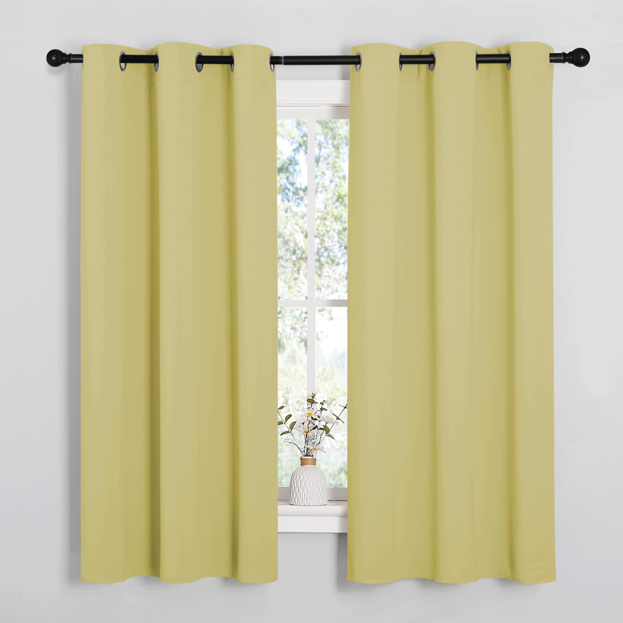 NICETOWN Paler Yellow Room Darkening Curtains for Kitchen, Window Treatment Thermal Insulated Solid Grommet Room Darkening Curtains/Drapes for Bedroom (Set of 2, 42 inches Wide by 68 inches Long)