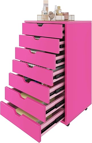 Organizador de 7 cajones, cómoda rosa, archivador móvil, gabinetes de almacenamiento verticales de madera con ruedas, cajones Alex para el hogar,