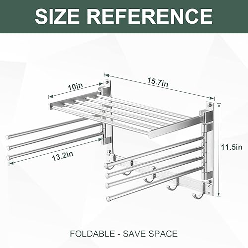 Miniatura 2 de AUROPEAK Estante de secado de ropa para lavandería plegable para interiores estante de secado montado en la pared toallero giratorio con ganchos y