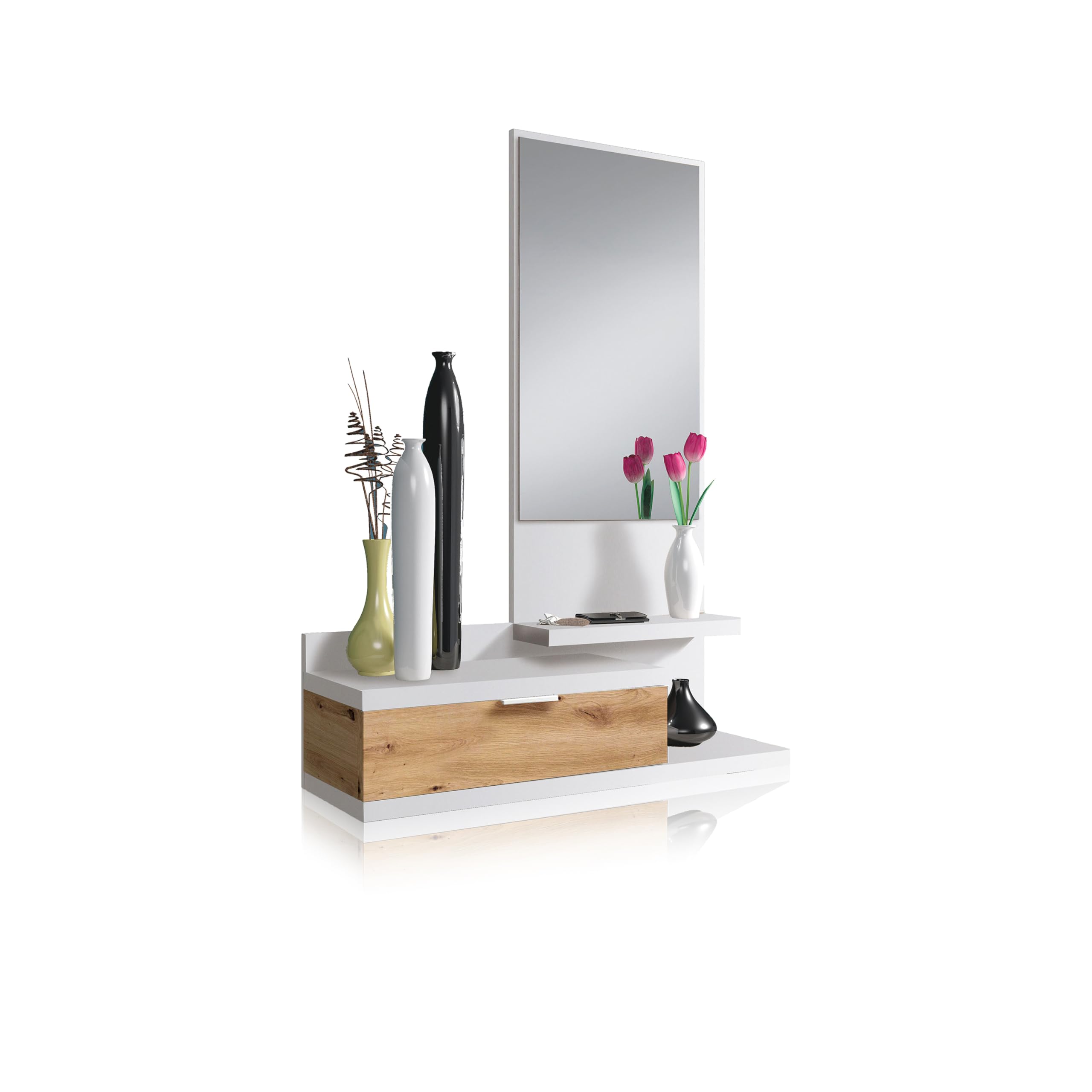 duehome | Recibidor con Cajon y Espejo, Mueble de Entrada, Modelo Fiord, Color Blanco Artik y Roble Nodi, Medidas: 81 cm (Ancho) x 116 cm (Alto) x 29 cm (Fondo)