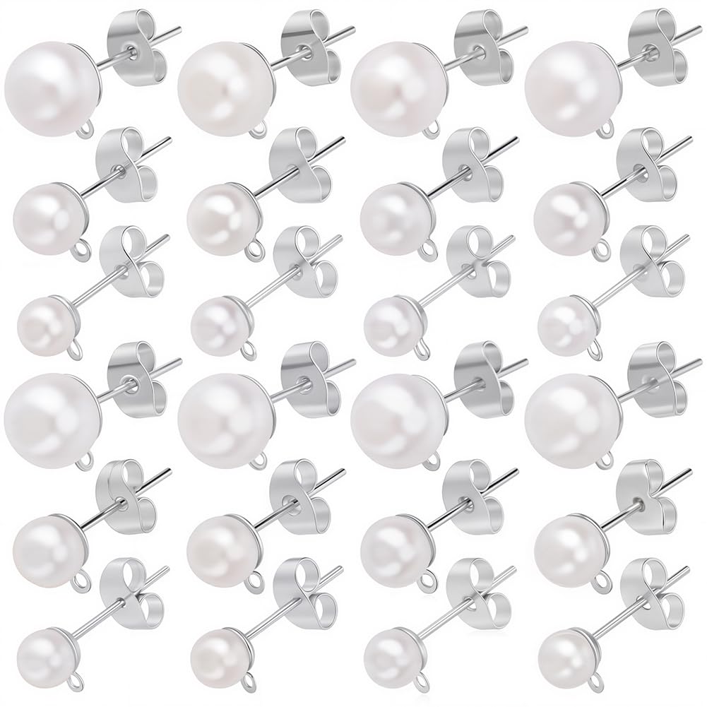 SOFPLATE 1 Box 120Pcs Pearl Earring Stud Findings Pearl Earring Posts Silver Hypoallergenic Metal with Ear Nuts Back Loop and Imitation Beads Ear