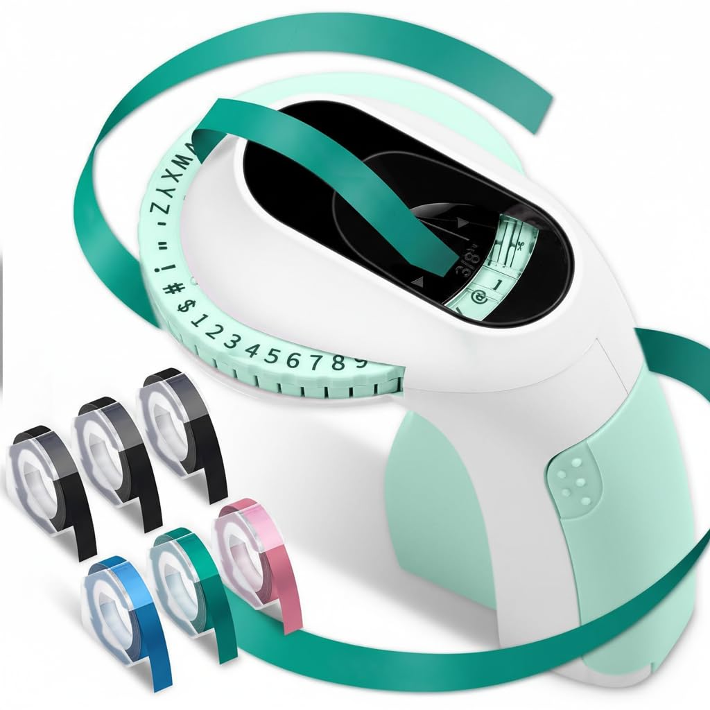 NALACAL Embossing Label Maker Machine, Portable Retro Embossed Label Maker Writer, Mini Embosser Label Maker with 6 Rolls Embossing Label Tapes for Home, Office DIY and Crafting Kitchen Storage(Green）