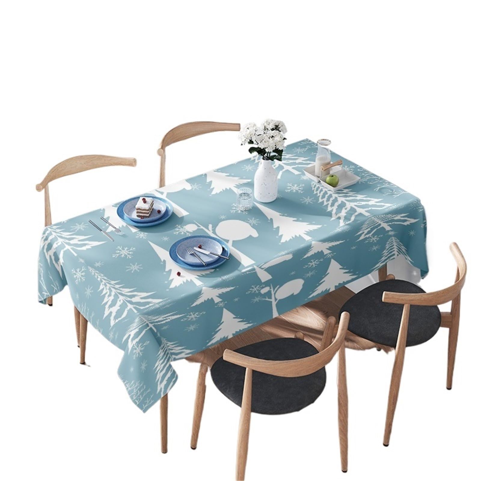 LYXYGMV Tablecloth Festive White Pine Tree Design For Home Decoration Blue Snowflake Printed Table Linens for Dining Room(100X140CM)