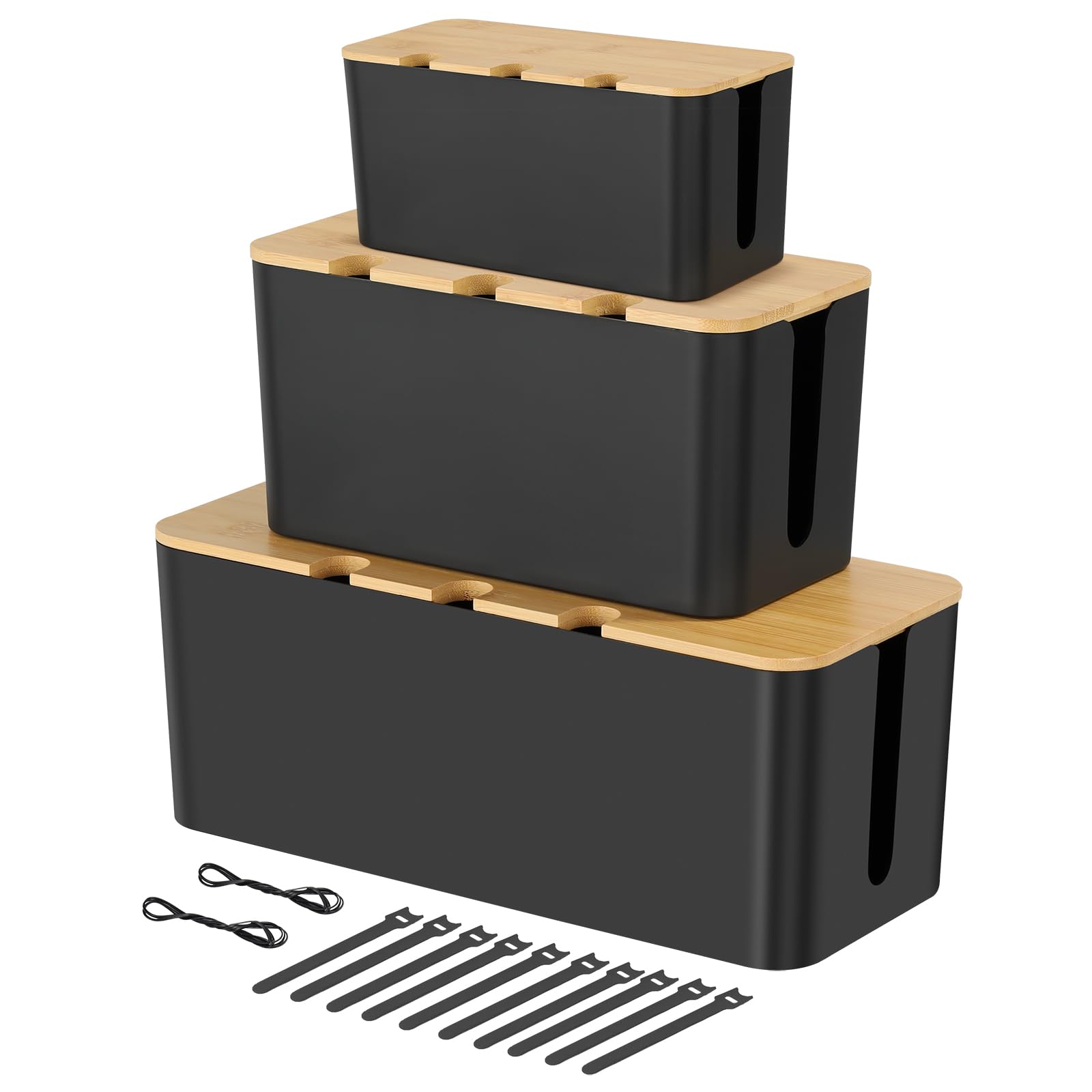 BEZORR Cable Tidy Box, Cable Management Box, 3 Cable Storage Box with Bamboo Lid for Hiding Messy Cables Storage Organising Management Desk TV Computer USB Hub Strips Cords, Wire Management, black